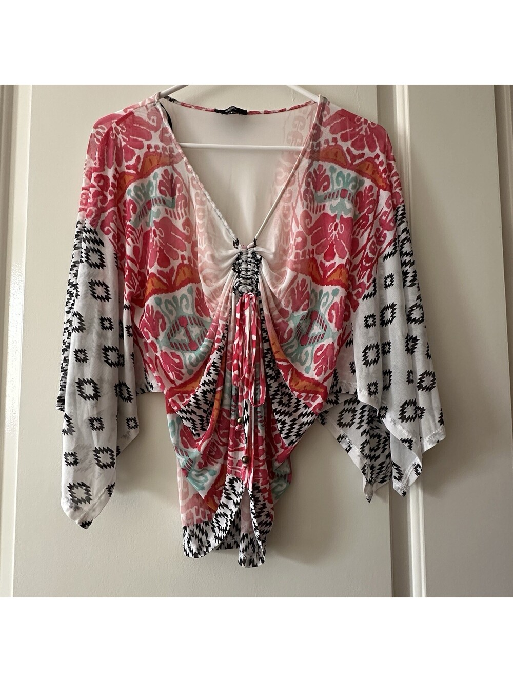 Bebe Boho Ikat Southwestern Kimono Mesh Festival Top V-Neck Ruched S Small
